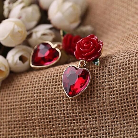 Ruby Red Heart Crystal Flower Gold Statement Drop Earrings - Picture 9 of 10